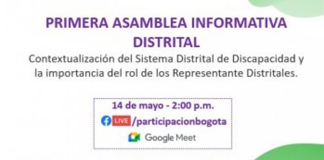 En la parte superior de la pieza comunicativa se encuentra el logo del proceso de elecciones, el cual son cinco manos abiertas de diferentes colores y el título "Elecciones de Representantes Locales y Distrital de Discapacidad 2021". En la parte inferior se encuentran seis personas con discapacidad y al lado se encuentra el logo de la Alcaldía Mayor y de Bogotá.  En el centro de la pieza se encuentra la siguiente información:   Elecciones de Representantes Locales y Distritales de Discapacidad 2021.  